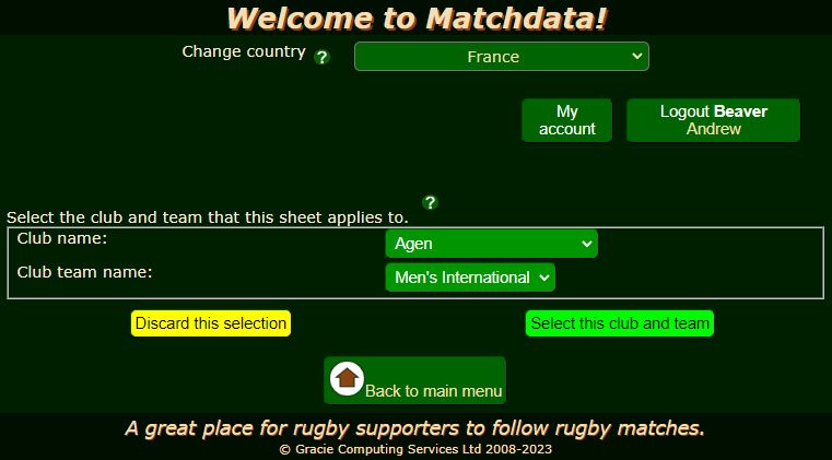Matchdata set up team sheet 1