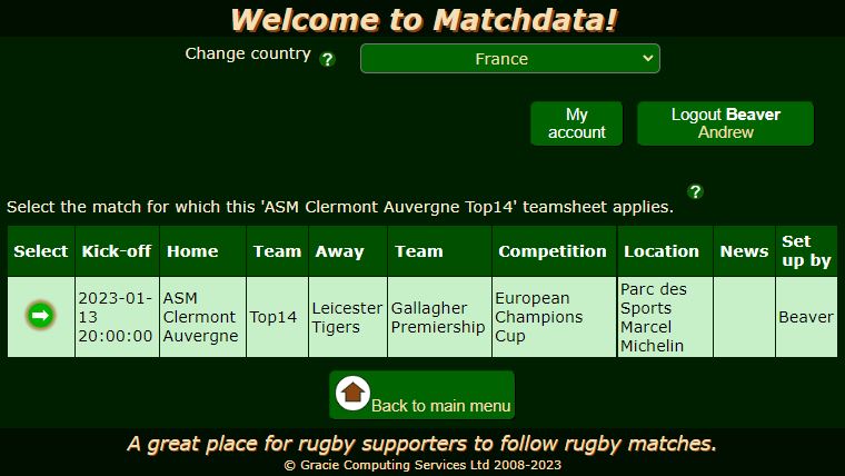 Matchdata set up team sheet 2
