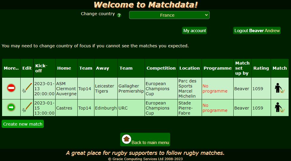Matchdata my matches list