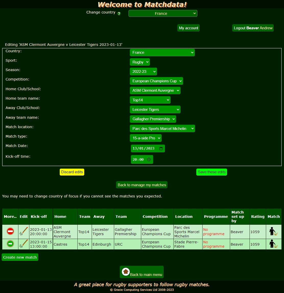 Matchdata edit match details