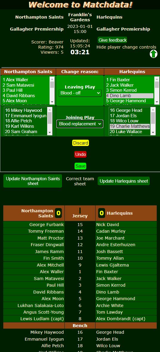 Matchdata Keep the score active team sheet 3