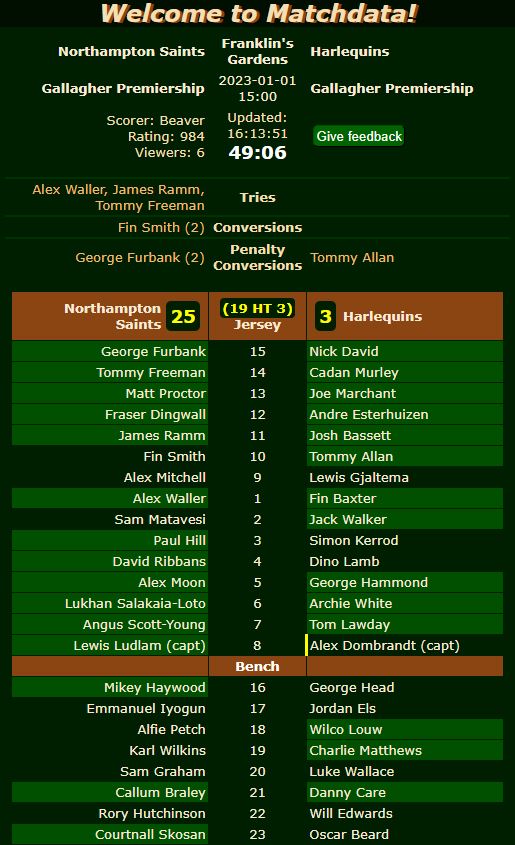 Matchdata team sheet