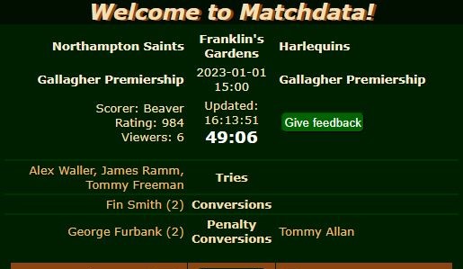 Matchdata team sheet feedback